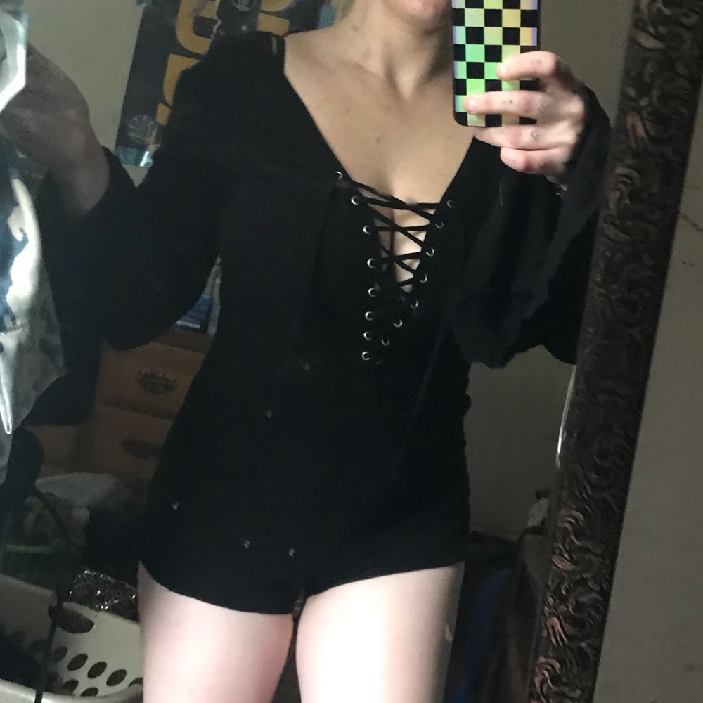 Black Long Bell Sleeve Tie Up Front Romper